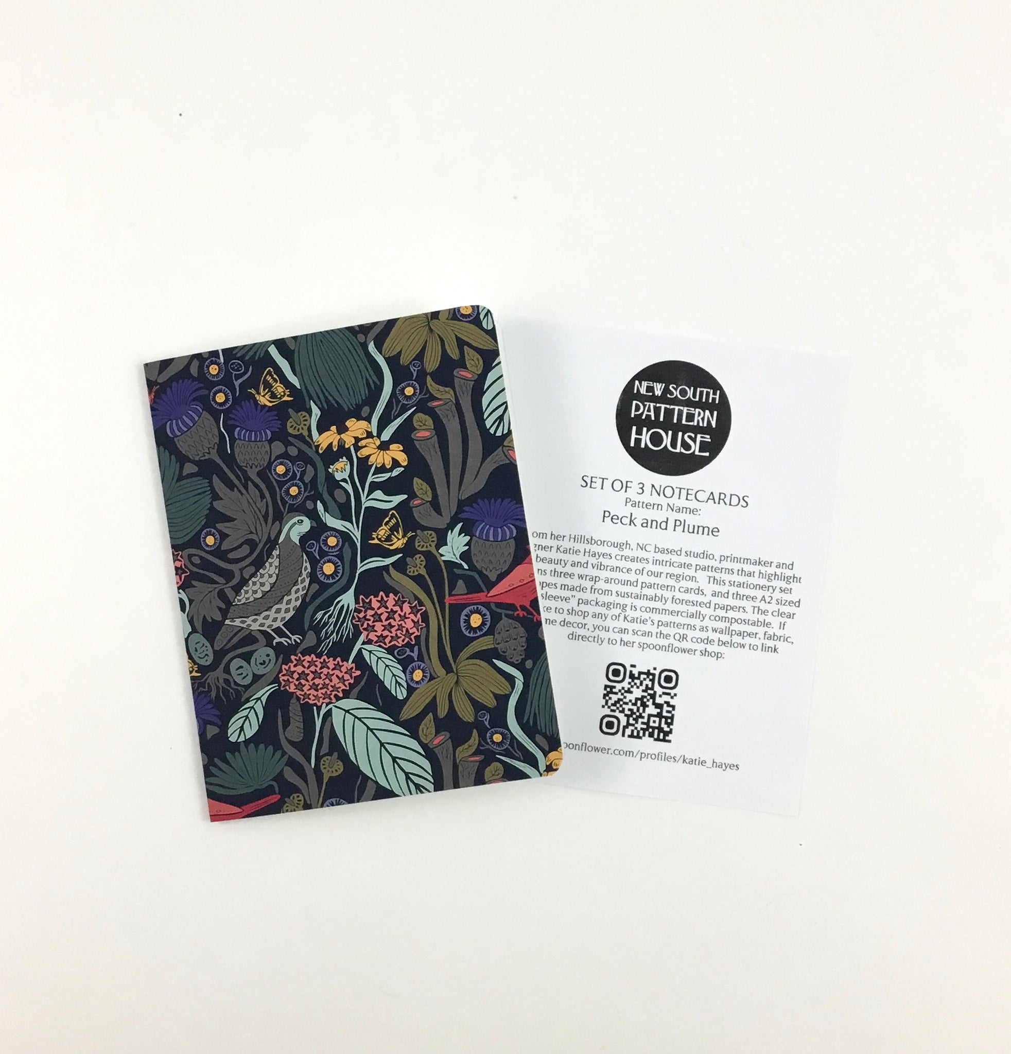 Peck and Plume, Dark- Notecard, Set of 3  New South Pattern House