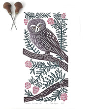 Load image into Gallery viewer, Saw-whet owl block print, Hand pulled with 13x19 mat