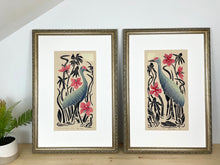 Load image into Gallery viewer, Hibiscus and Crane. Limited Edition block print with 13x19 mat