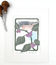Load image into Gallery viewer, PREORDERS ONLY Titmouse and Beautyberry Mini Block Print with 8x10 matboard, Limited Edition of 90