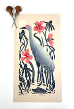 Load image into Gallery viewer, Hibiscus and Crane. Limited Edition block print with 13x19 mat