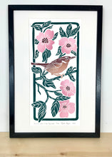 Load image into Gallery viewer, Carolina Wren in the Dogwoods, Limited Edition block print. Hand pulled with 13x19 mat