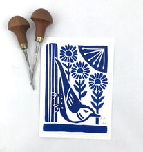 Load image into Gallery viewer, Nuthatch in Blue, block printed Greeting Card 5X7
