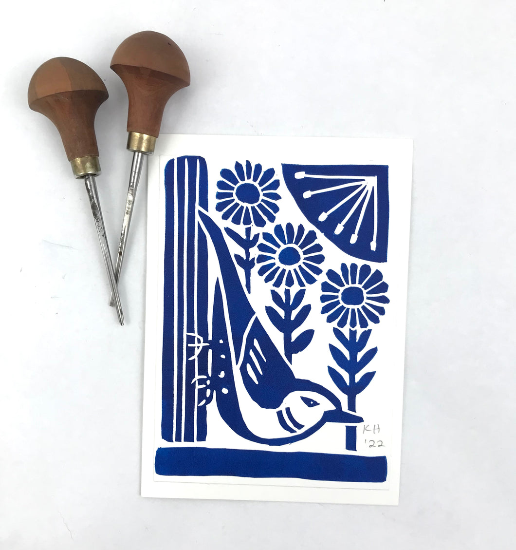 Nuthatch in Blue, block printed Greeting Card 5X7