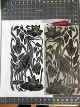 Load image into Gallery viewer, Heron on the Hunt, limited edition black and white block print. Hand pulled on 12x18 paper