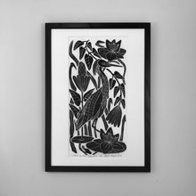 Load image into Gallery viewer, Heron on the Hunt, limited edition black and white block print. Hand pulled on 12x18 paper