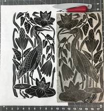 Load image into Gallery viewer, Heron on the Hunt, limited edition black and white block print. Hand pulled on 12x18 paper