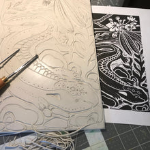 Load image into Gallery viewer, Hellbender Salamander, limited edition black and white block print. Hand pulled with 13x19 mat