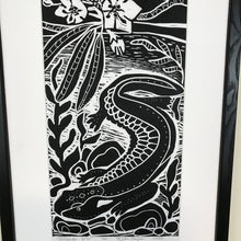 Load image into Gallery viewer, Hellbender Salamander, limited edition black and white block print. Hand pulled with 13x19 mat