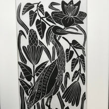 Load image into Gallery viewer, Heron on the Hunt, limited edition black and white block print. Hand pulled on 12x18 paper
