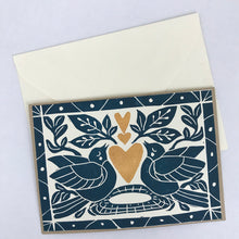 Load image into Gallery viewer, Heart of Gold folk art greeting card in Deepwater Blue. Hand Printed Linocut 5X7