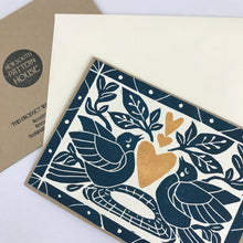 Load image into Gallery viewer, Heart of Gold folk art greeting card in Deepwater Blue. Hand Printed Linocut 5X7
