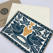Load image into Gallery viewer, Heart of Gold folk art greeting card in Deepwater Blue. Hand Printed Linocut 5X7