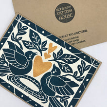 Load image into Gallery viewer, Heart of Gold folk art greeting card in Deepwater Blue. Hand Printed Linocut 5X7