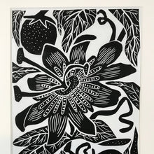 Load image into Gallery viewer, Maypop, limited edition black and white block print. Hand pulled on 12x18 paper