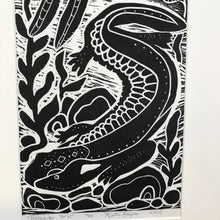 Load image into Gallery viewer, Hellbender Salamander, limited edition black and white block print. Hand pulled with 13x19 mat