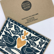 Load image into Gallery viewer, Heart of Gold folk art greeting card in Deepwater Blue. Hand Printed Linocut 5X7
