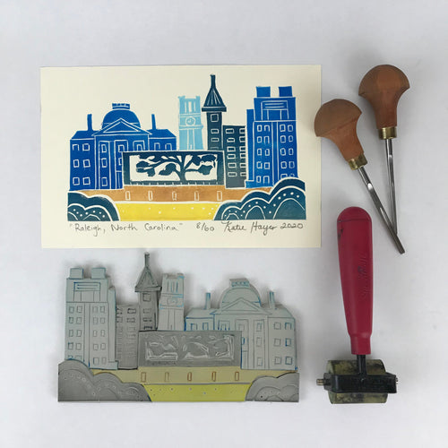 Raleigh, North Carolina Skyline- Mini Linocut Print, Limited Edition, wall art