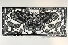 Load image into Gallery viewer, Robin Moth (cecropia) and birch leaves, limited edition black and white block print. Hand pulled on 12x18 paper