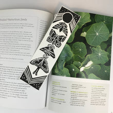 Load image into Gallery viewer, Premium Paper Bookmark, "Moths of the Carolinas" Block Printed Celestial Art- 2.25 x 8.25 inches