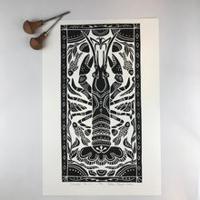 Load image into Gallery viewer, Crayfish, Hand pulled block print Limited Edition Black and White. Naturalist Woodland Wall Art