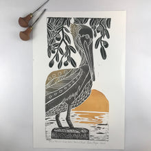 Load image into Gallery viewer, Brown Pelican and Live Oaks, Artist Proof, Full color block print. Hand pulled on 12x18 paper