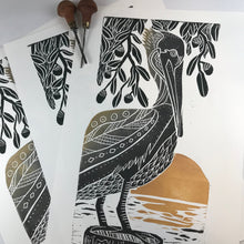 Load image into Gallery viewer, Brown Pelican and Live Oaks, Artist Proof, Full color block print. Hand pulled on 12x18 paper