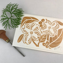 Load image into Gallery viewer, Dogwood blooms in gold, Linocut Greeting Card 5X7