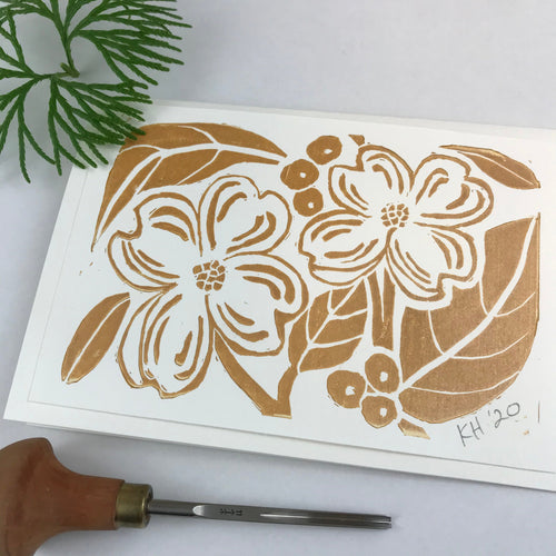 Dogwood blooms in gold, Linocut Greeting Card 5X7