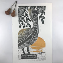 Load image into Gallery viewer, Brown Pelican and Live Oaks, Artist Proof, Full color block print. Hand pulled on 12x18 paper