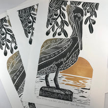 Load image into Gallery viewer, Brown Pelican and Live Oaks, Artist Proof, Full color block print. Hand pulled on 12x18 paper