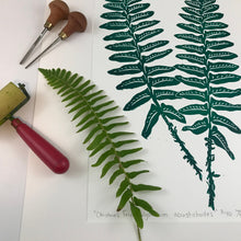 Load image into Gallery viewer, Christmas Fern, original block print, Limited Edition with 18x24 mat, Naturalist Art