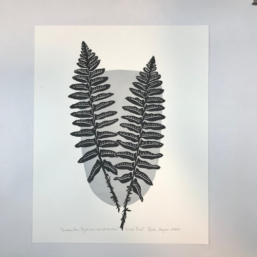 Jumbo, Christmas fern, original block print,  Full color Arist Proof with 18x24 mat
