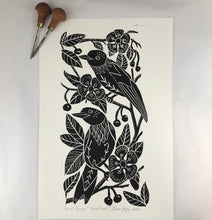 Load image into Gallery viewer, Scarlet Tanager Black and White folk art block print Hand pulled on 12x18 paper, Artist Proof