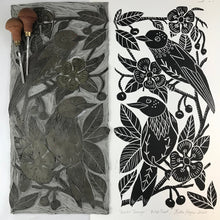 Load image into Gallery viewer, Scarlet Tanager Black and White folk art block print Hand pulled on 12x18 paper, Artist Proof