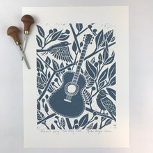 Load image into Gallery viewer, Bluebird song, limited edition block print. Hand pulled on 12x16 paper