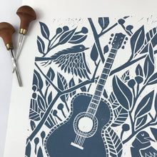 Load image into Gallery viewer, Bluebird song, limited edition block print. Hand pulled on 12x16 paper