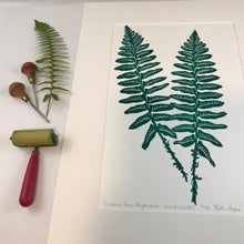 Load image into Gallery viewer, Christmas Fern, original block print, Limited Edition with 18x24 mat, Naturalist Art