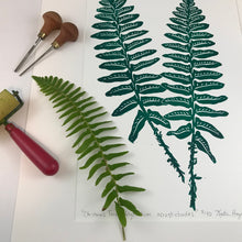 Load image into Gallery viewer, Christmas Fern, original block print, Limited Edition with 18x24 mat, Naturalist Art