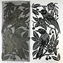 Load image into Gallery viewer, Scarlet Tanager Black and White folk art block print Hand pulled on 12x18 paper, Artist Proof