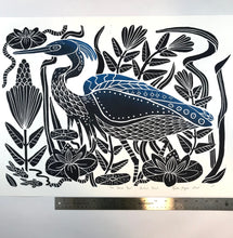 Load image into Gallery viewer, The Heron Pool, Extra large block print. Full Color. Hand pulled with custom 22x28 mat