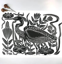 Load image into Gallery viewer, The Heron Pool, Extra large block print. Black and White Edition of 40. Hand pulled with 22x28 inch mat