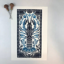 Load image into Gallery viewer, Crayfish, Artist Proof Hand pulled block print in Deepwater Blue. Freshwater Stream Wall Art 13x19 Mat