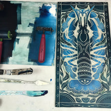 Load image into Gallery viewer, Crayfish, Artist Proof Hand pulled block print in Deepwater Blue. Freshwater Stream Wall Art 13x19 Mat
