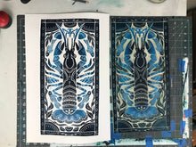 Load image into Gallery viewer, Crayfish, Artist Proof Hand pulled block print in Deepwater Blue. Freshwater Stream Wall Art 13x19 Mat