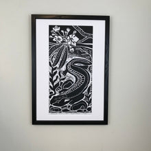 Load image into Gallery viewer, Hellbender Salamander, limited edition black and white block print. Hand pulled with 13x19 mat