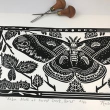 Load image into Gallery viewer, Robin Moth (cecropia) and birch leaves, limited edition black and white block print. Hand pulled on 12x18 paper