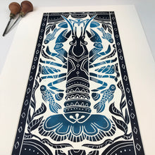 Load image into Gallery viewer, Crayfish, Artist Proof Hand pulled block print in Deepwater Blue. Freshwater Stream Wall Art 13x19 Mat
