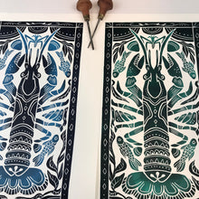 Load image into Gallery viewer, Crayfish, Artist Proof Hand pulled block print in Deepwater Blue. Freshwater Stream Wall Art 13x19 Mat