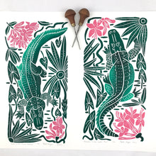 Load image into Gallery viewer, ‘Azaleas in the Gator Pool” full color wetland block print. Hand pulled with 13x19 mat
